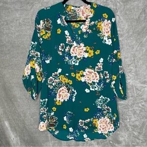 NWT Liberty Love Floral Tunic Blouse 3/4 Roll Tab Sleeve Teal Green XL